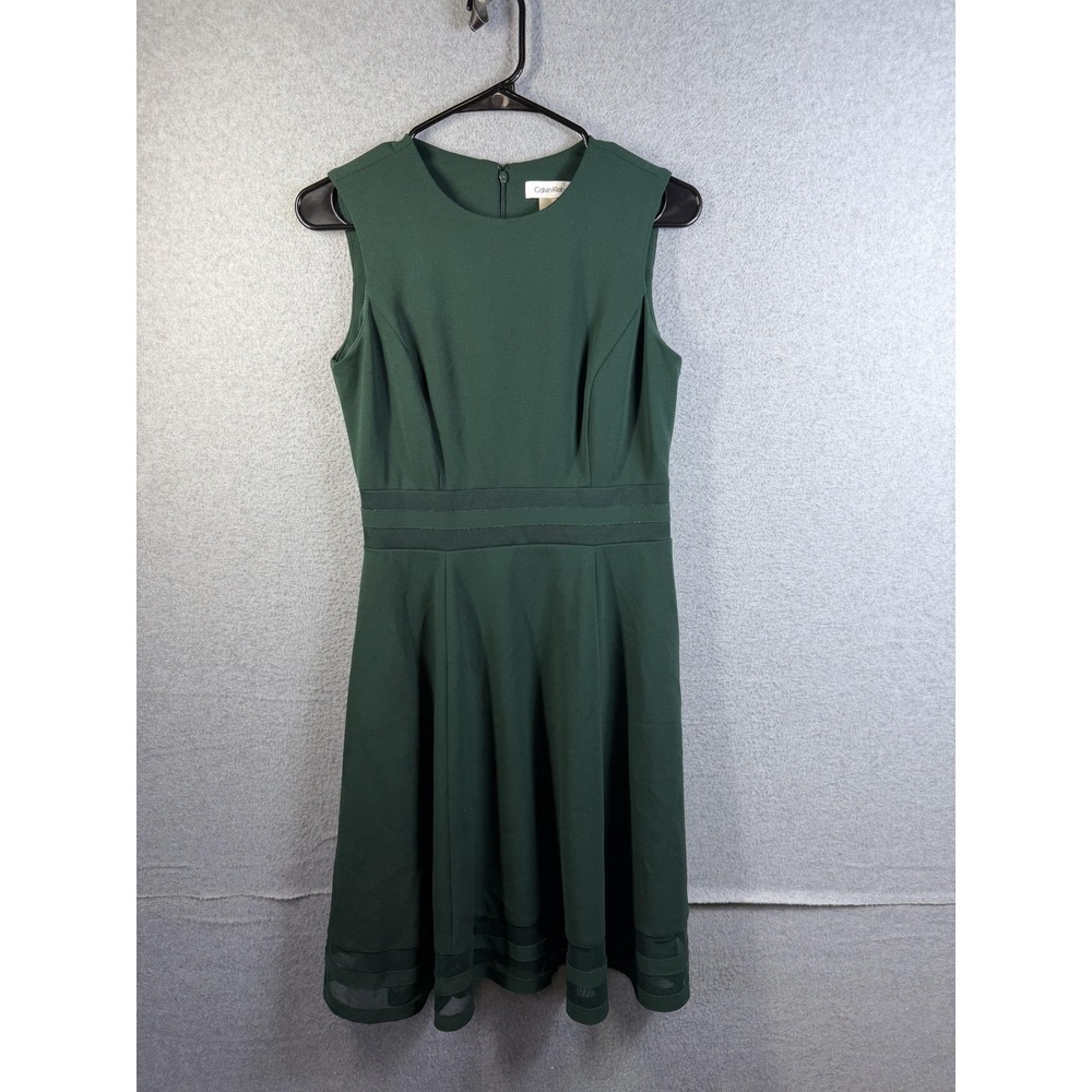 Calvin Klein Dress Womens 4 Green Fit Flare Sleeveless Mesh Hem Knee Length